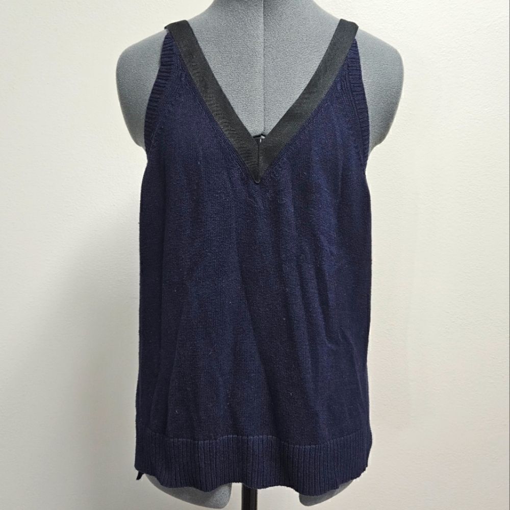 J. Crew Navy Blue Cotton Sleeveless Knit Tank Top Ribbon Trim Women's Small